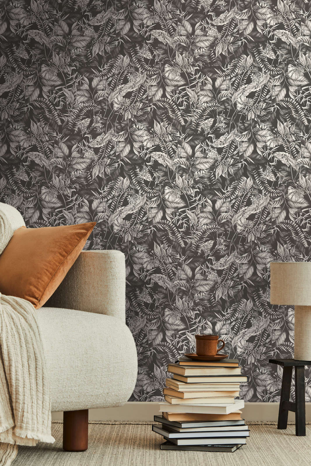             Tapete floral mit Blättern & Blüten strukturiert matt – Schwarz, Weiß
        