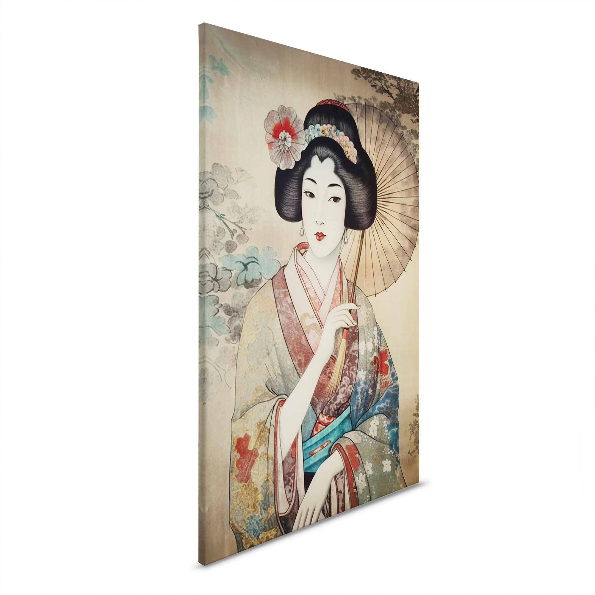         Eleganz der Geisha - Traditionelle Kunst auf Leinwand – 30 x 45 cm - Bunt, Beige
    