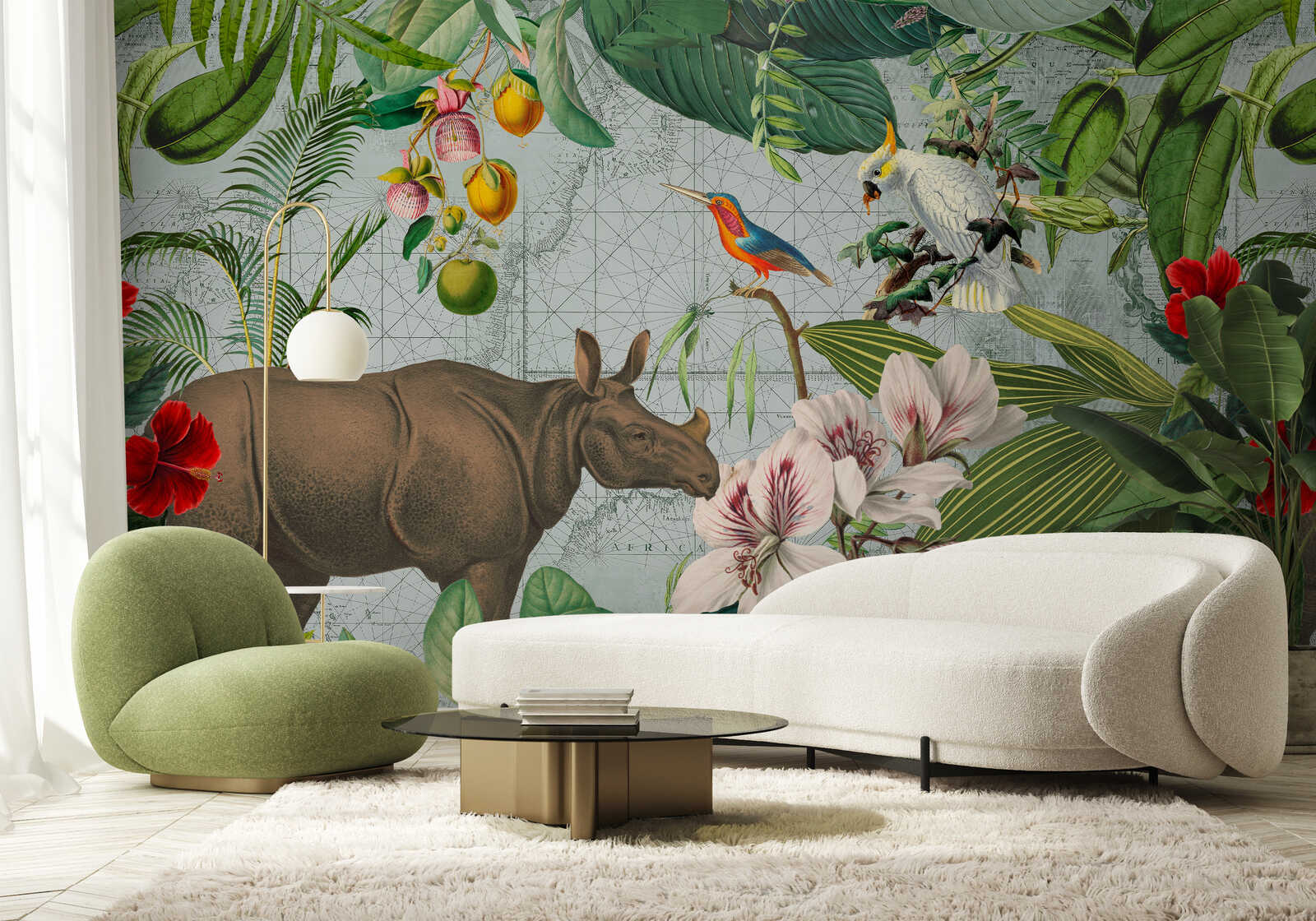 tropische wandkunst, Dschungel Tapete, Pflanzen-Tiere, Nilpferd, Vogel-Motiv