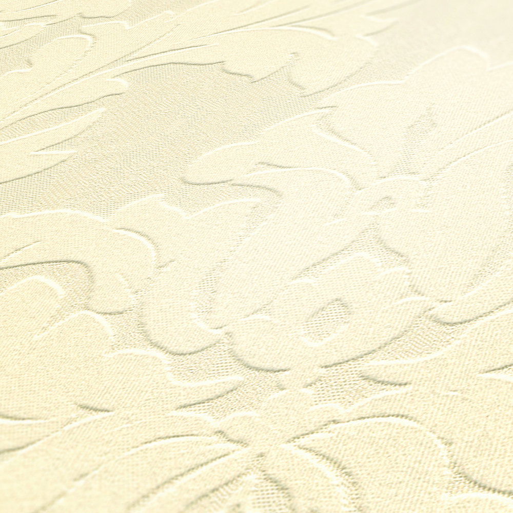             Edle Barocktapete mit echtem Flock auf geprägtem Kompaktvinyl – Creme
        