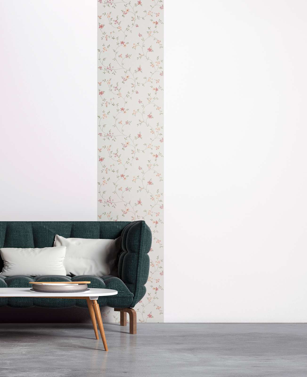             Selbstklebendes Panel mit filigranem Blumenmuster in sanften Tönen – Verspielter Landhausstil für ein gemütliches Ambiente – Bunt, Grün, Creme
        