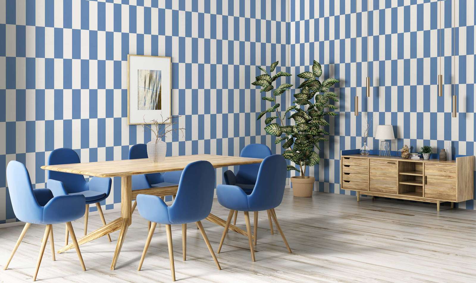             Vliesbehang met grafisch vierkant patroon - blauw, wit
        