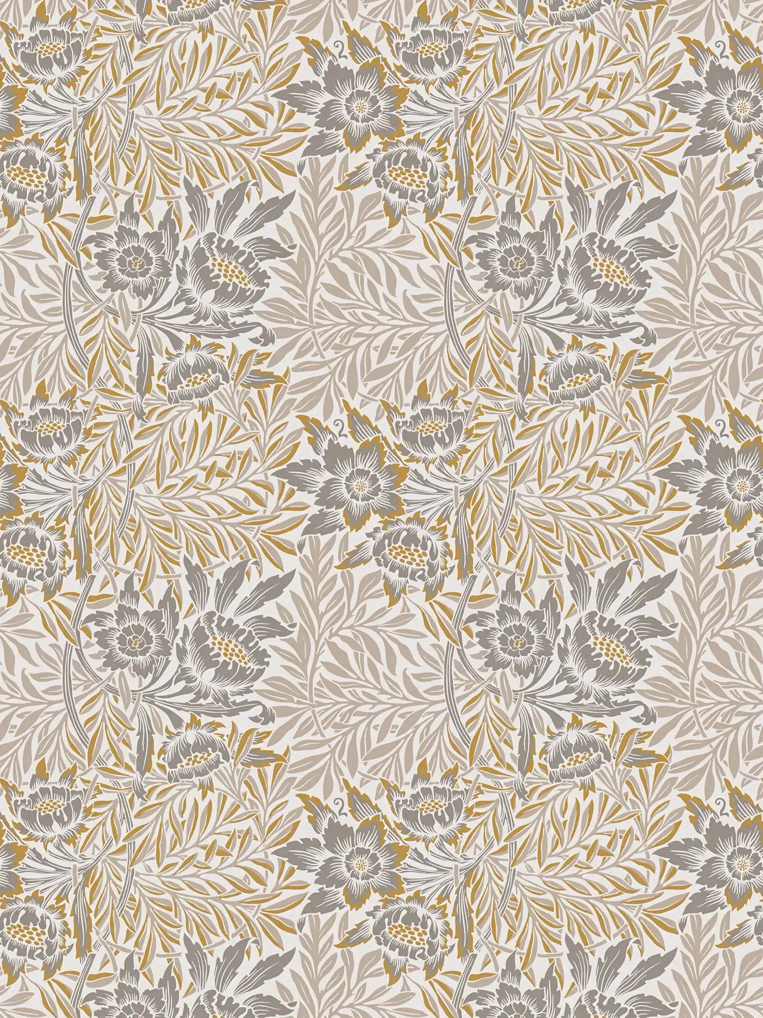         Vliestapete mit verschiedenen Blumen und Blätterranken – Gold, Beige, Silber
    
