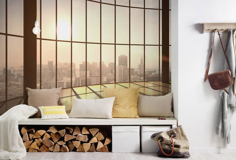             Stadt Fototapete – Panorama Hochhaus mit Sonnenuntergang – Beige, Braun
        