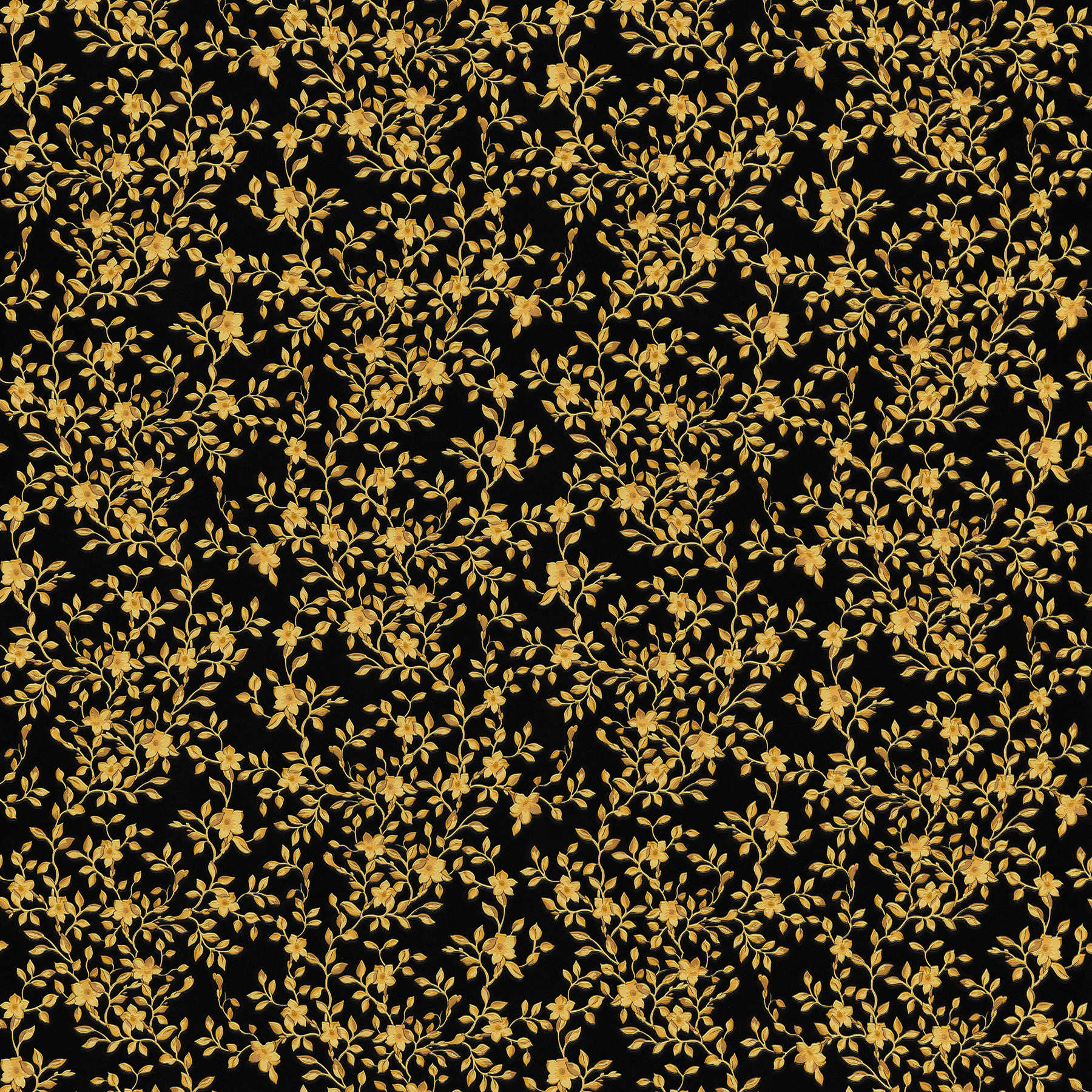 Schwarze VERSACE Tapete mit Gold Blätter & Blumenranken