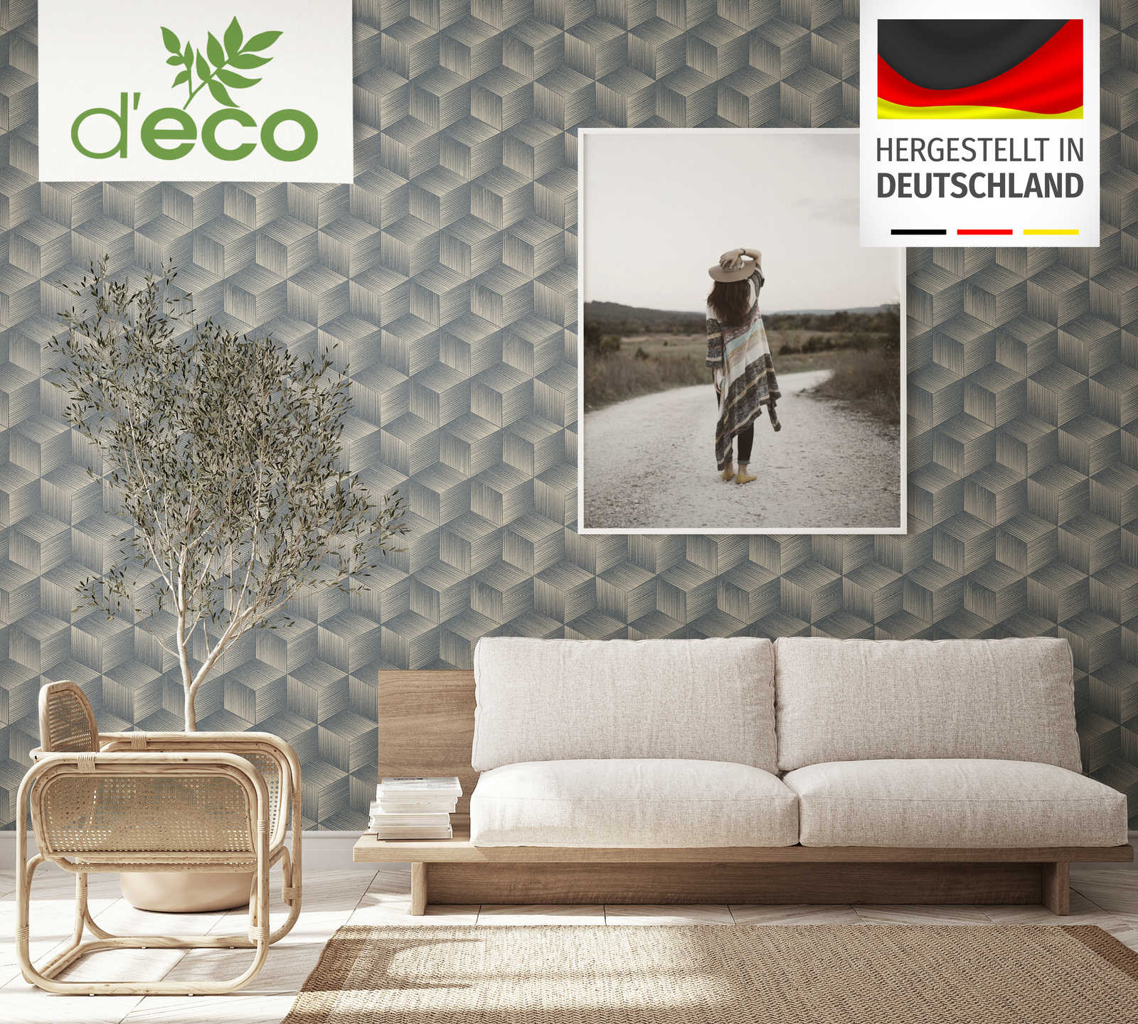 woody wallpaper, geometrisches muster, sofa, wohnzimmer, pflanze