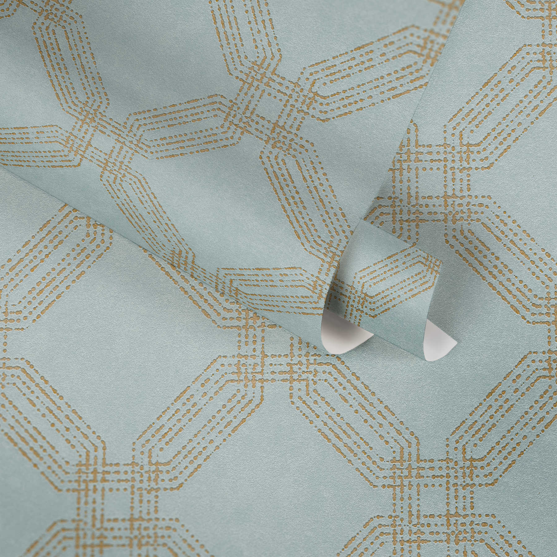             Geometrische Strukturtapete mit Rauten-Optik – Blau, Gold, Grün
        