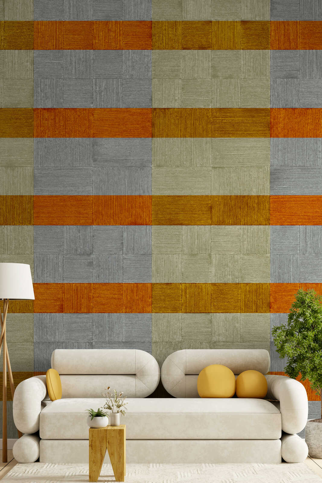 geometrische wandverkleidung, paneltapete, lounge sofa, wohnzimmerdeko, farbblock-muster