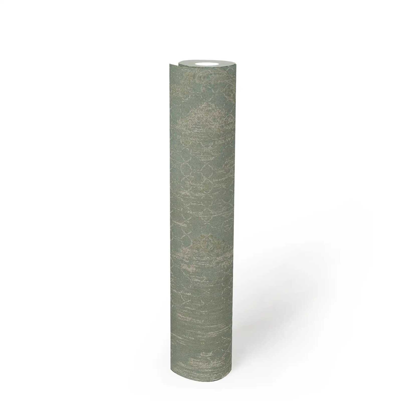 Elegante Vliestapete mit zartem Ornamentmotiv und dezenter Struktur – Grün, Champagner, Metallic