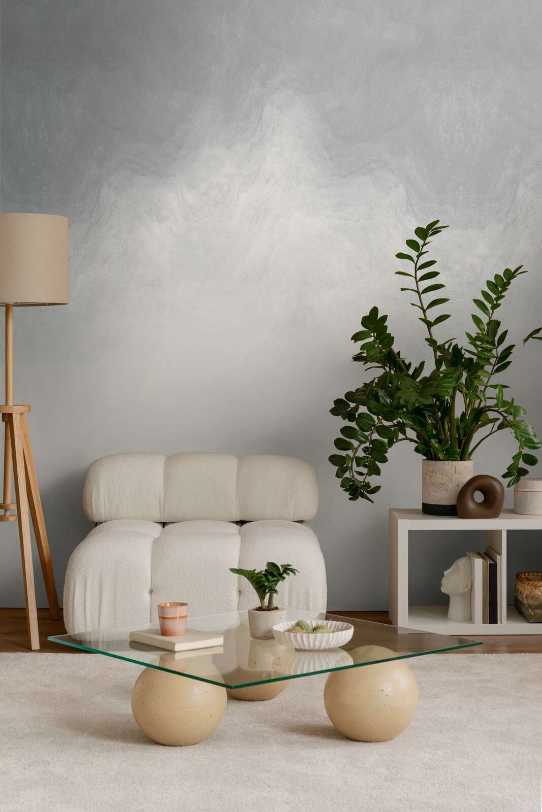sofa, coffee table, glass table, parlour lamp, houseplant