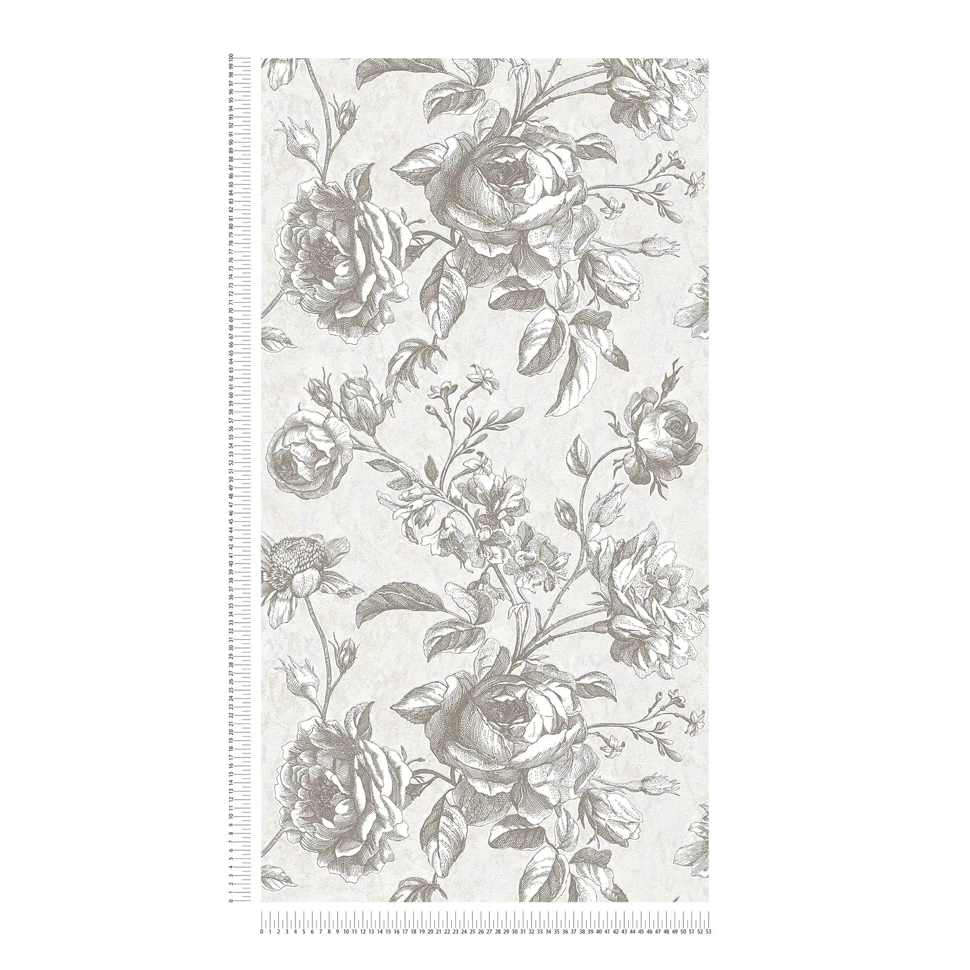             behang roos patroon in vintage teken stijl - grijs, crème
        