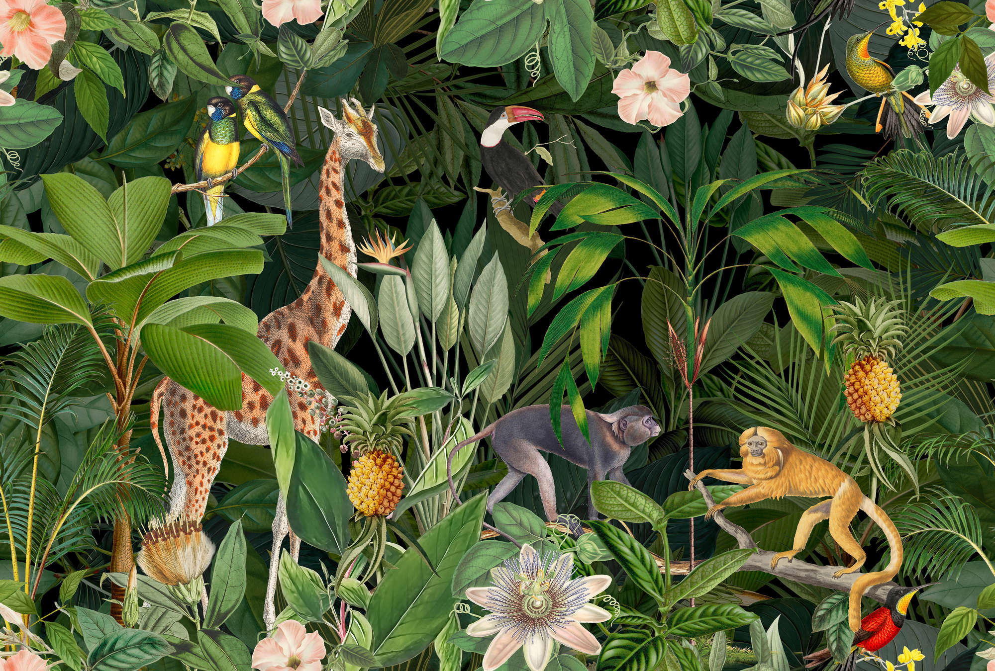 tropische Dschungel, Giraffe, Papagei, Affe, Ananas