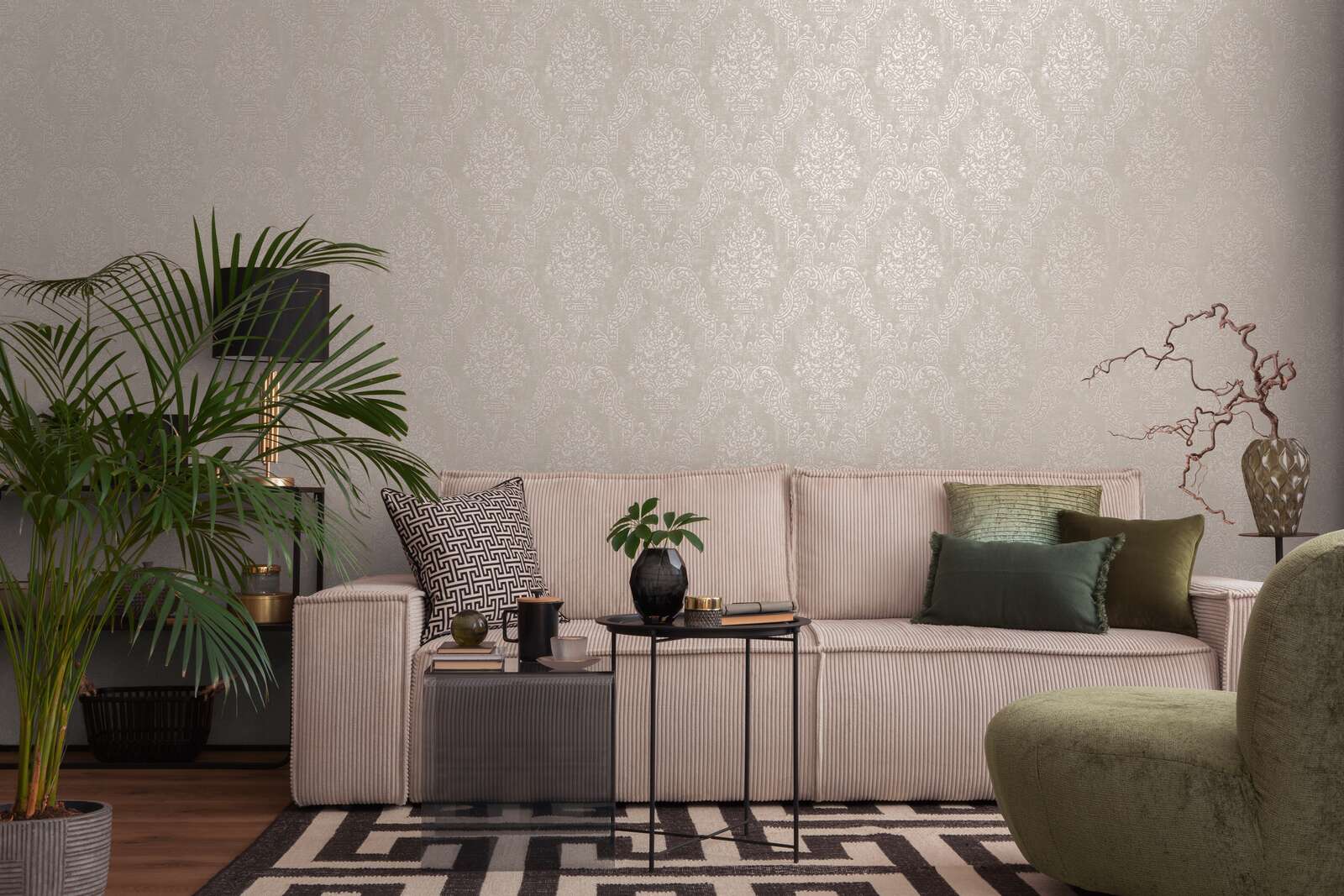             Elegant barok behang met ornamenten in vintage look - beige, grijs
        