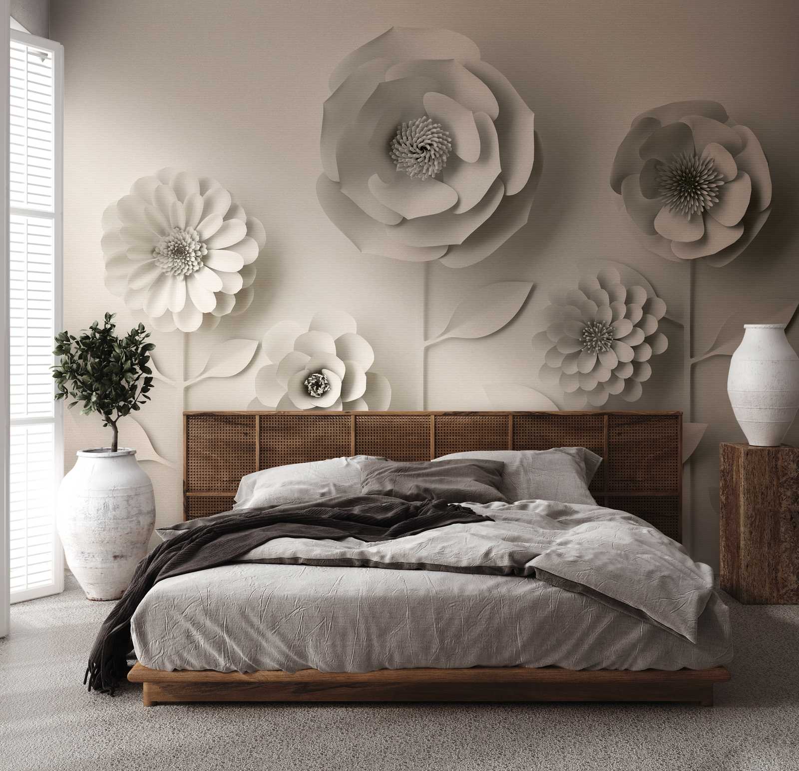             Tapeten Neuheit – 3D Motivtapete mit Papier Blumen, Cremeweiß
        