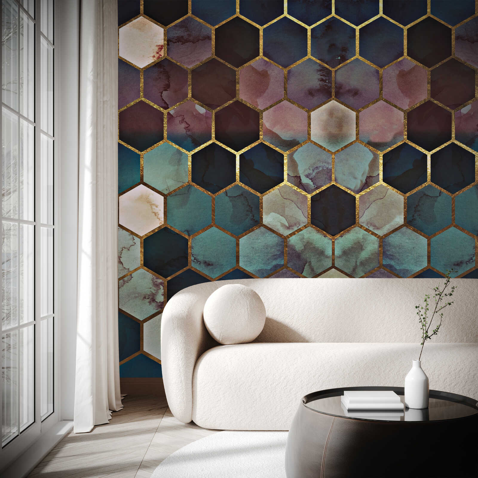 Wandtile, Hexagon tiles, Mosaikwand, Akzentwand, Goldrand