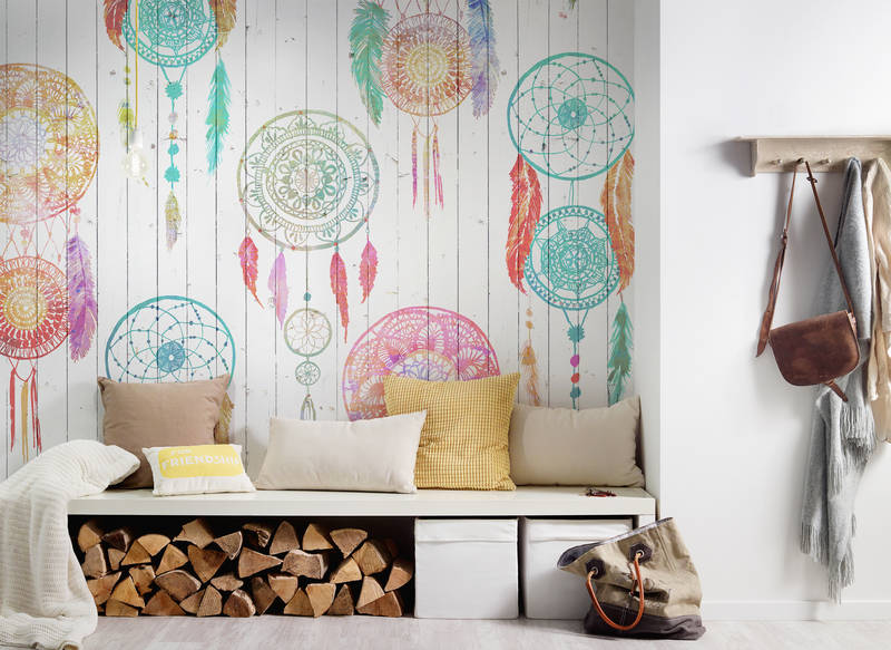            Boho mural with dream catcher & wood look - colourful, white, red
        