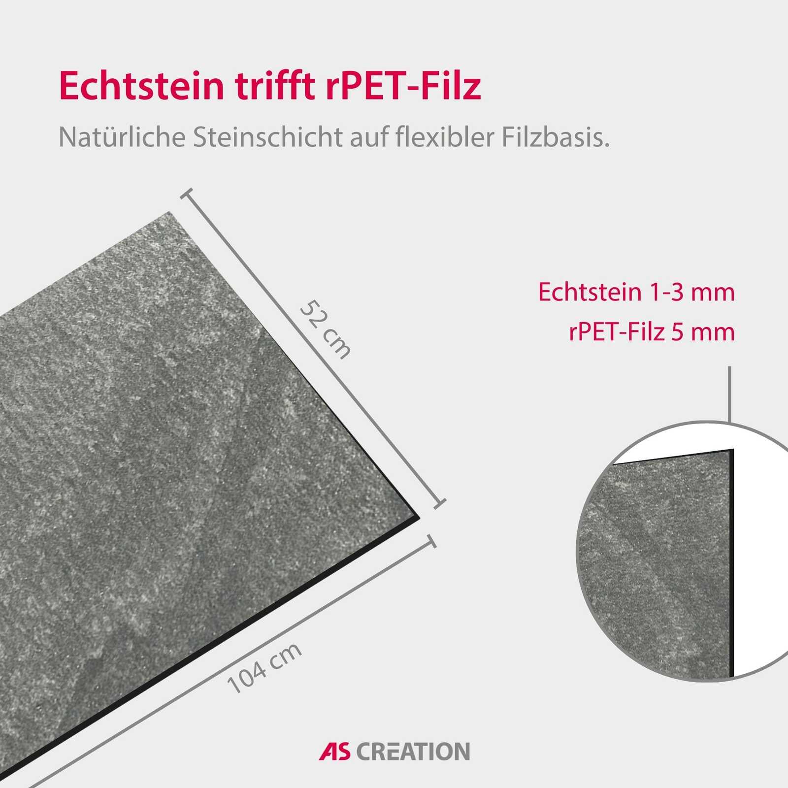 Naturstein, Feinstruktur, rPET-Filz, Platte, Maße 52x104 cm