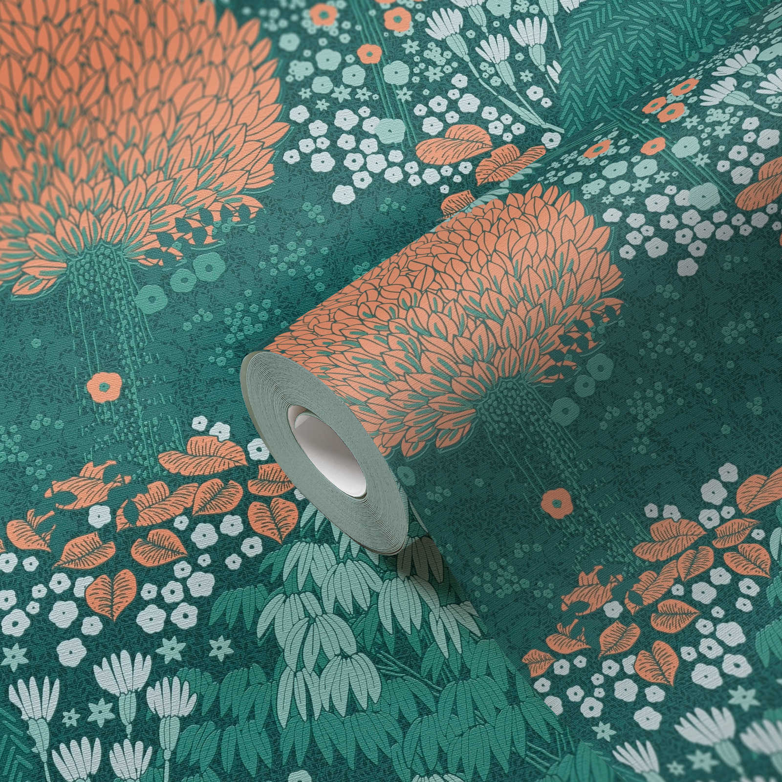             Florale Tapete mit Blättern leicht strukturiert, matt – Petrol, Orange, Grün
        