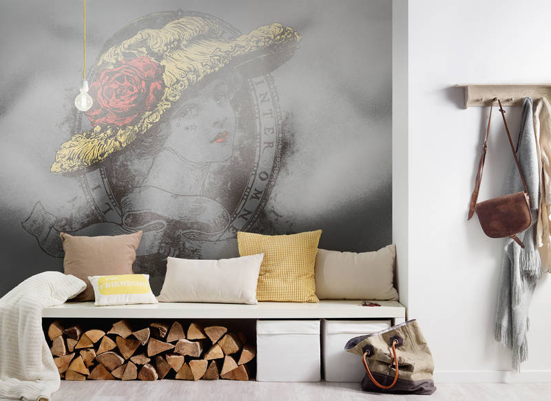             Rockabilly stijl tattoo motief muurschildering - geel, zwart, rood
        