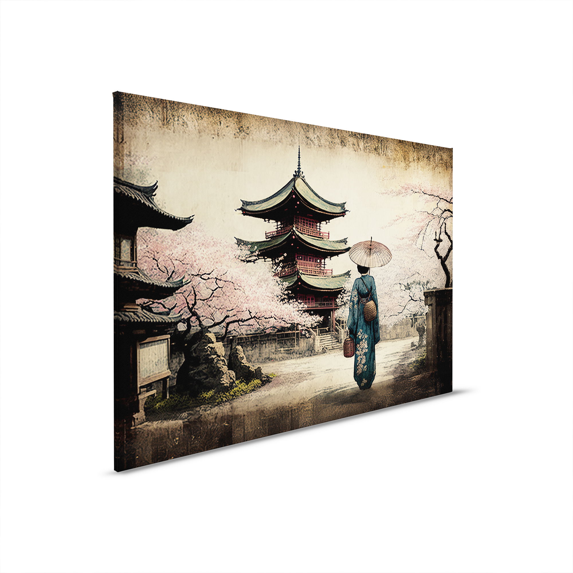         Traditioneel Japan - Pagode en kimono kunst op canvas - 45 x 30 cm - Beige, Blauw
    