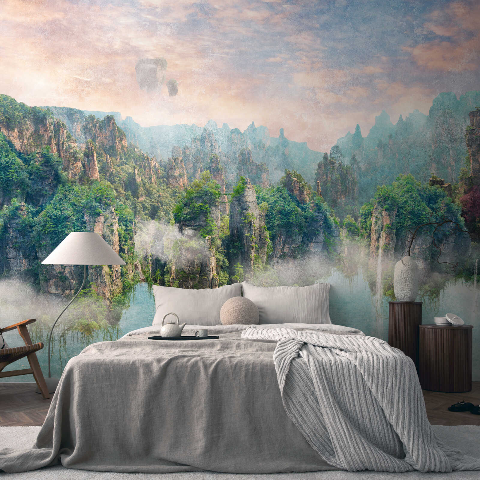         papier peint en papier panoramique Montagnes fantastiques magiques comme papier peint intissé - multicolore, vert, bleu
    