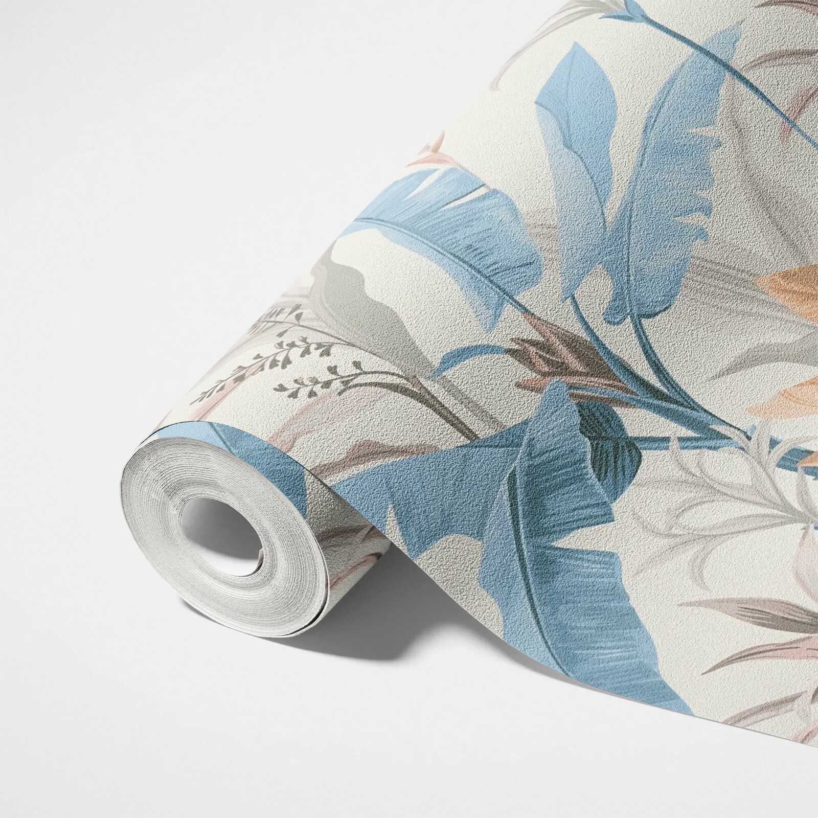             Detaillierte florale Vliestapete mit Blätter Muster - Blau, Grau, Creme
        