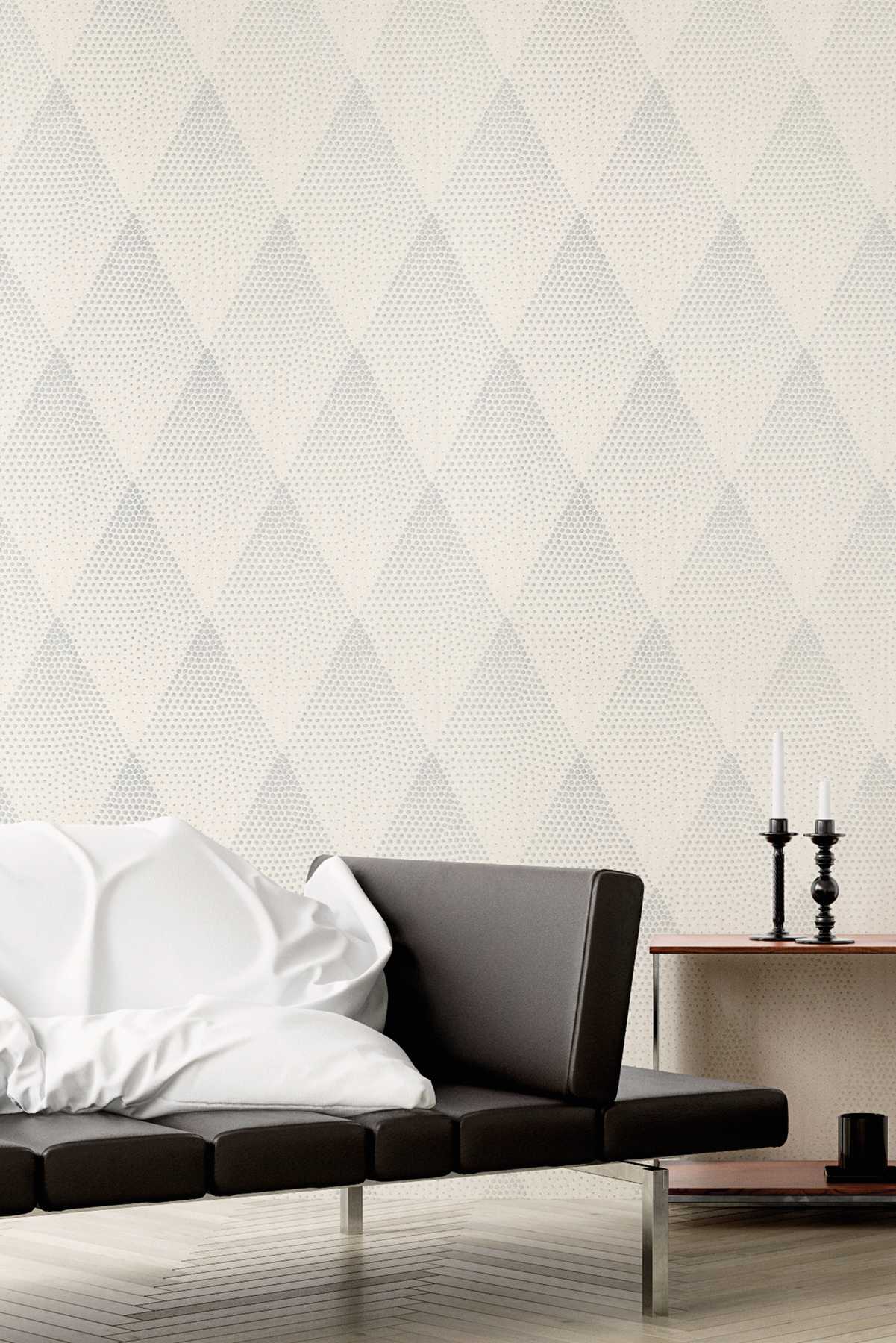             Punkte-Tapete Glitzer Effekt im Retro Stil – Weiß, Silber, Grau
        