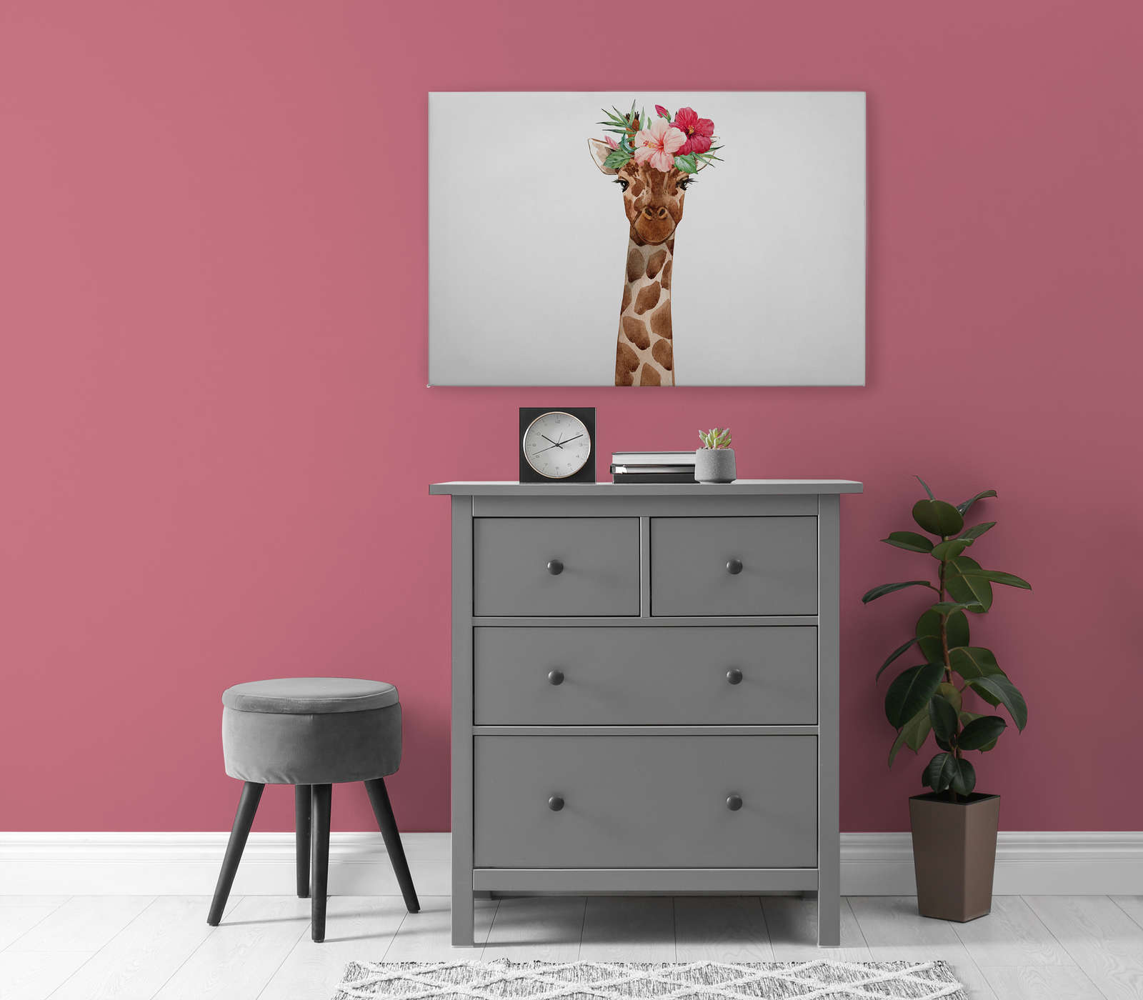             Tableau sur toile Chambre d'enfant avec girafe et coiffe florale - 0,90 m x 0,60 m
        