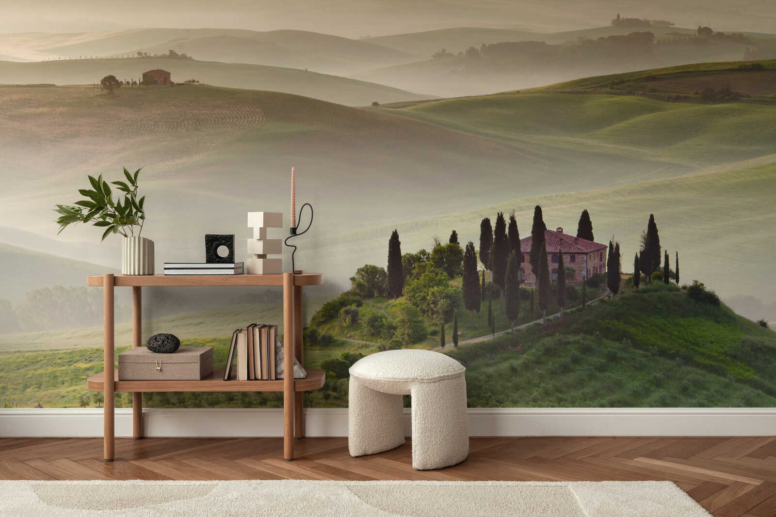 toscana landschaft, wand mural, wohnaccessoire, schreibtisch, zimmerpflanze