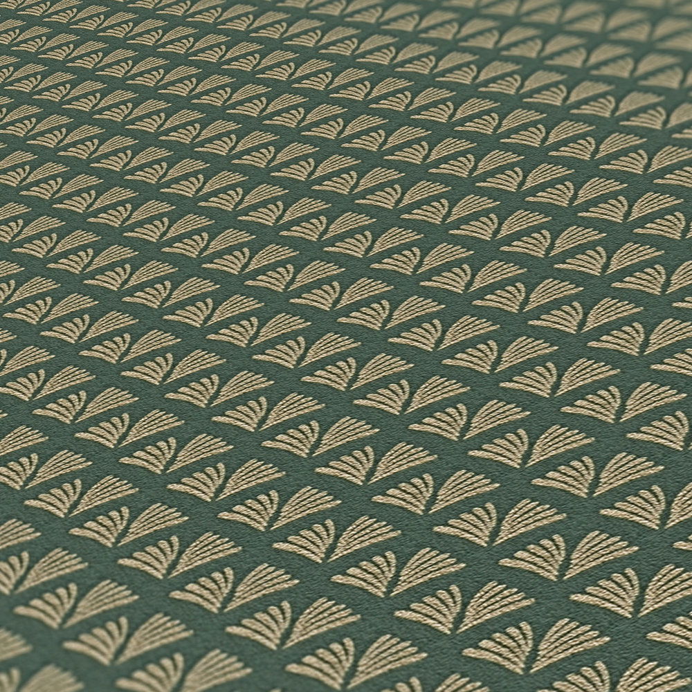             Tapete Dunkelgrün mit Gold Muster im Retro Stil – Grün, Metallic
        