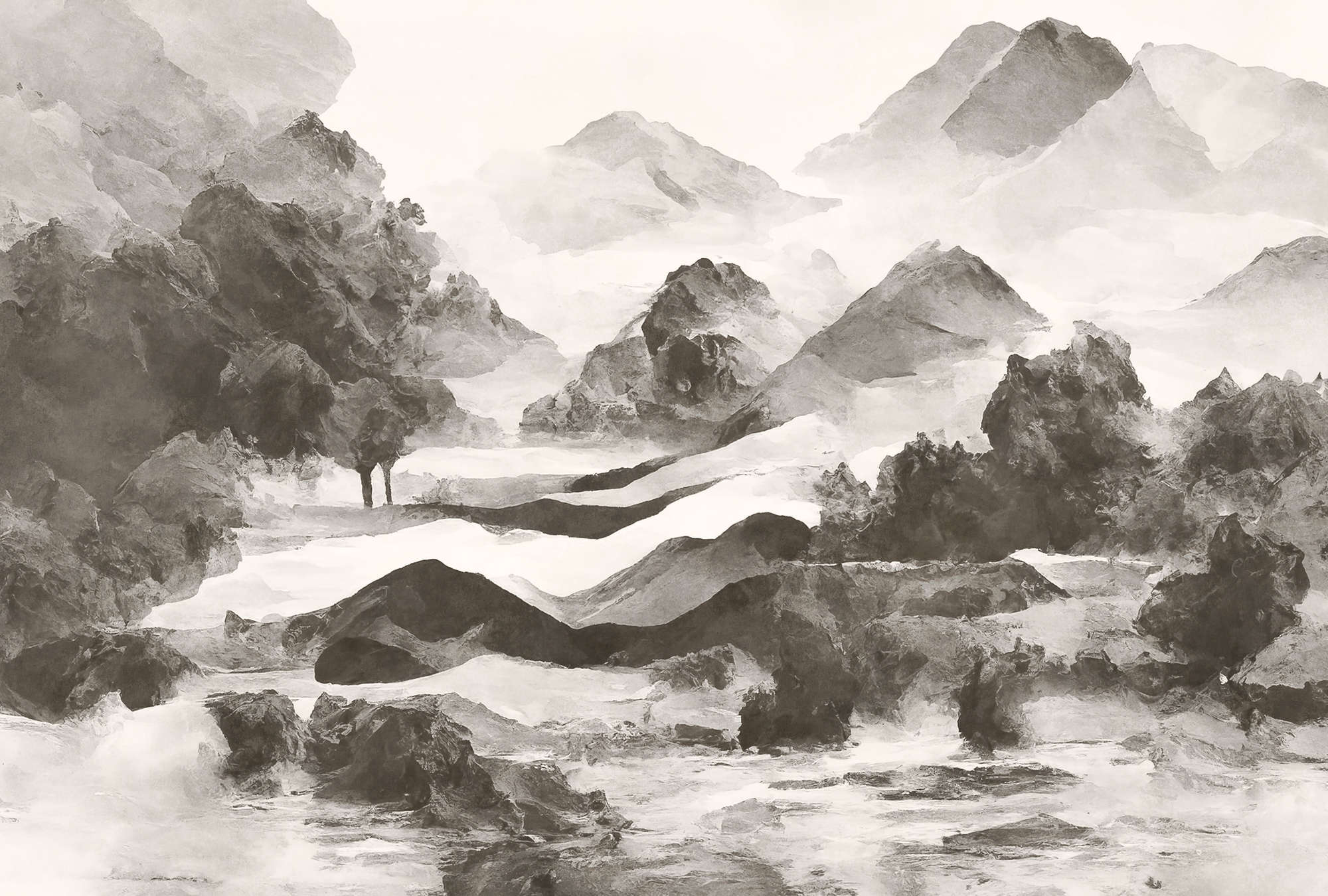 Fototapete »tinterra 1« - Landschaft mit Bergen &amp; Nebel – Grau | Glattes, leicht glänzendes Premiumvlies