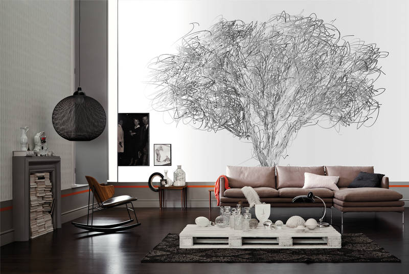 sofa, wohnzimmer, dekor, baum-motiv, kaffetisch
