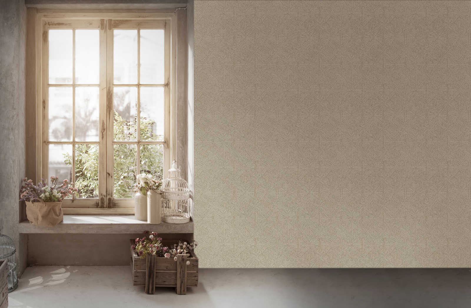 Grafikmuster Tapete mit Holzoptik Design – Beige, Metallic