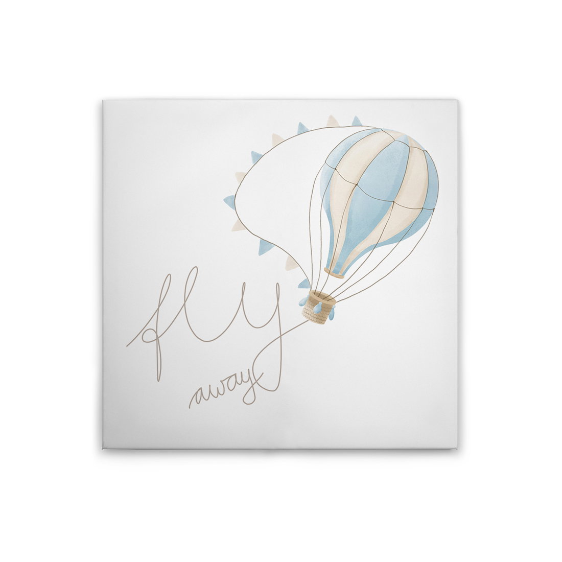 Leinwandbild Fly Away - Verträumter Heißluftballon mit Schriftzug für stilvolle Wandgestaltung im Kinderzimmer – 30 x 30 cm - Beige, Blau
