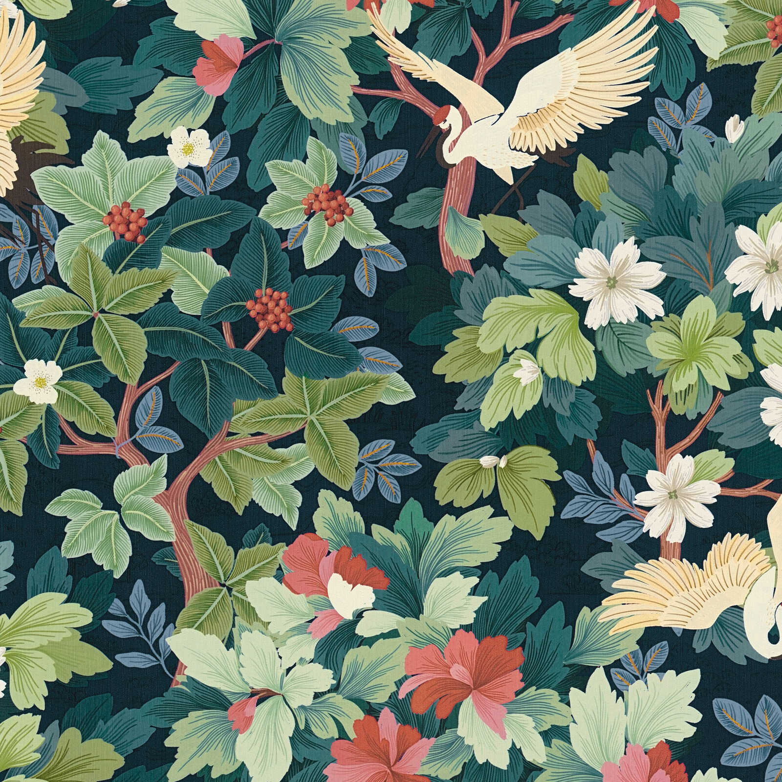 Vliestapete mit exotischem Blätter- und Vogelmotiv in matter Optik mit leichter Struktur – Blau, Grün, Rot