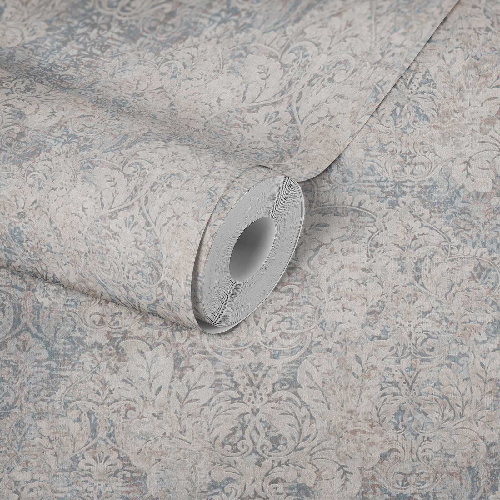 Ornament Tapete Used im floralen Vintage Stil – Beige, Blau
