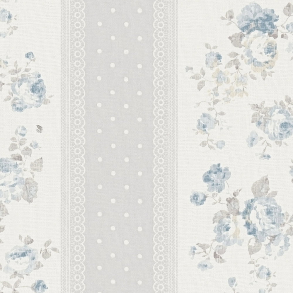 Vliestapete mit gepunkteten und floralen Streifen – Grau, Weiß, Blau