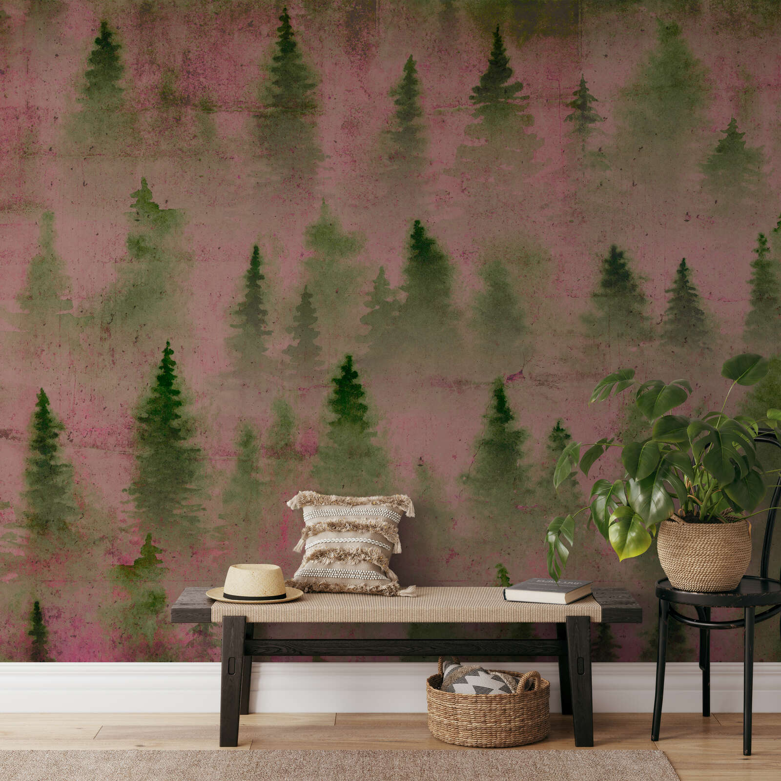 Wandtapete, Mural, Waldmotiv, Rosa-Gruen, Dekor-Tapete