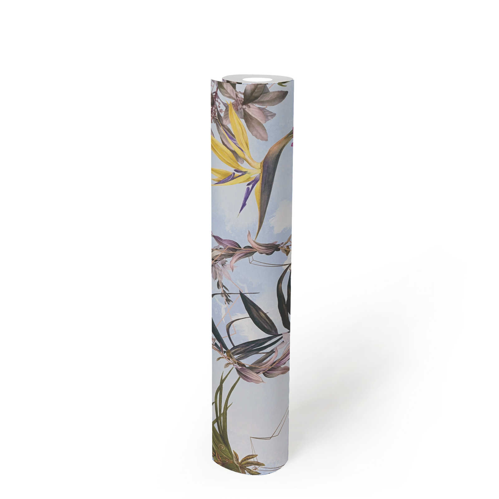             Blumentapete mit Vögeln & Tropen Look – Bunt, Blau, Grün
        