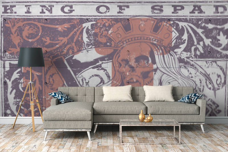            Speelkaartbehang met schedel, rockabilly stijl - oranje, blauw, wit
        
