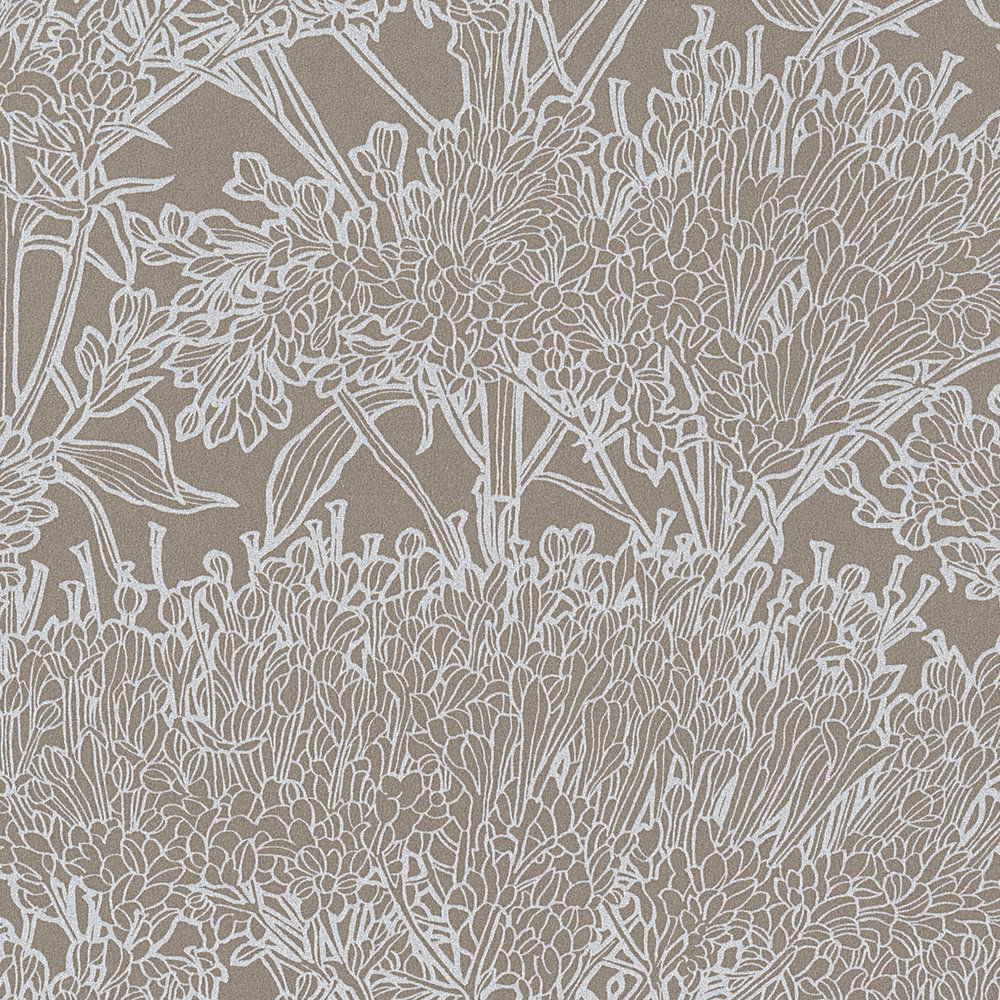             Blumentapete in Grau mit Silber Metallic Effekt – Grau, Silber
        