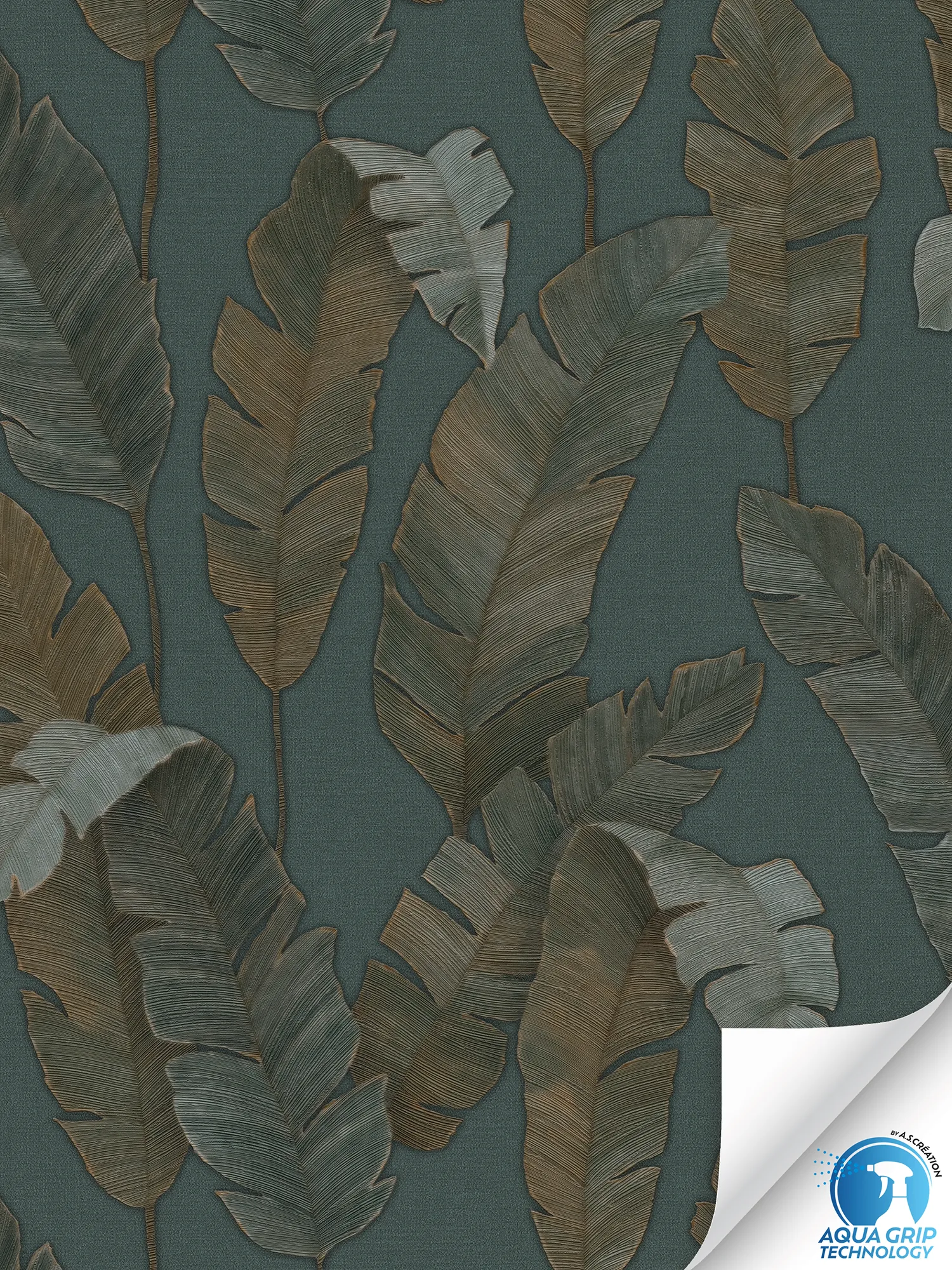             Stilvolle Dschungel-Vliestapete mit großen, dunklen Palmblättern und feiner Struktur – Water. Fix. Ready. – Petrol, Grün, Braun
        