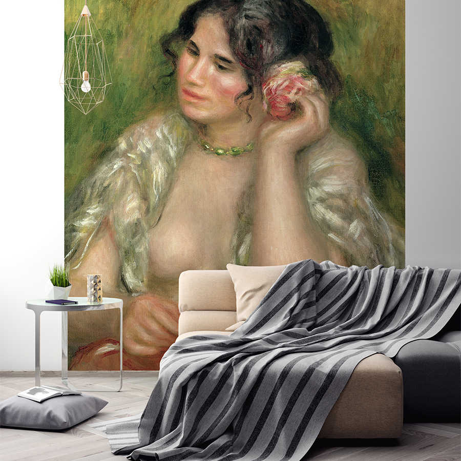 textile-wallpaper, portrait, grüner-hintergrund, beige-bluse, blumengesteck-ohrring