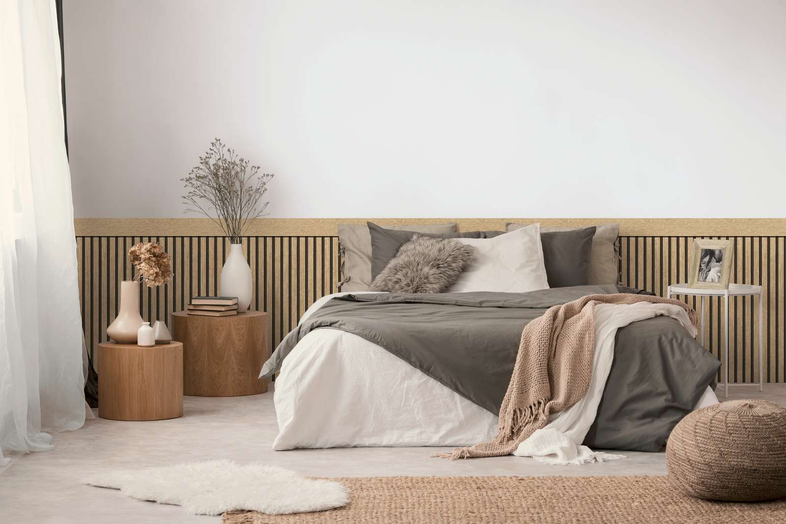             Wandvlies met realistisch akoestisch paneelpatroon van hout - beige, crème
        