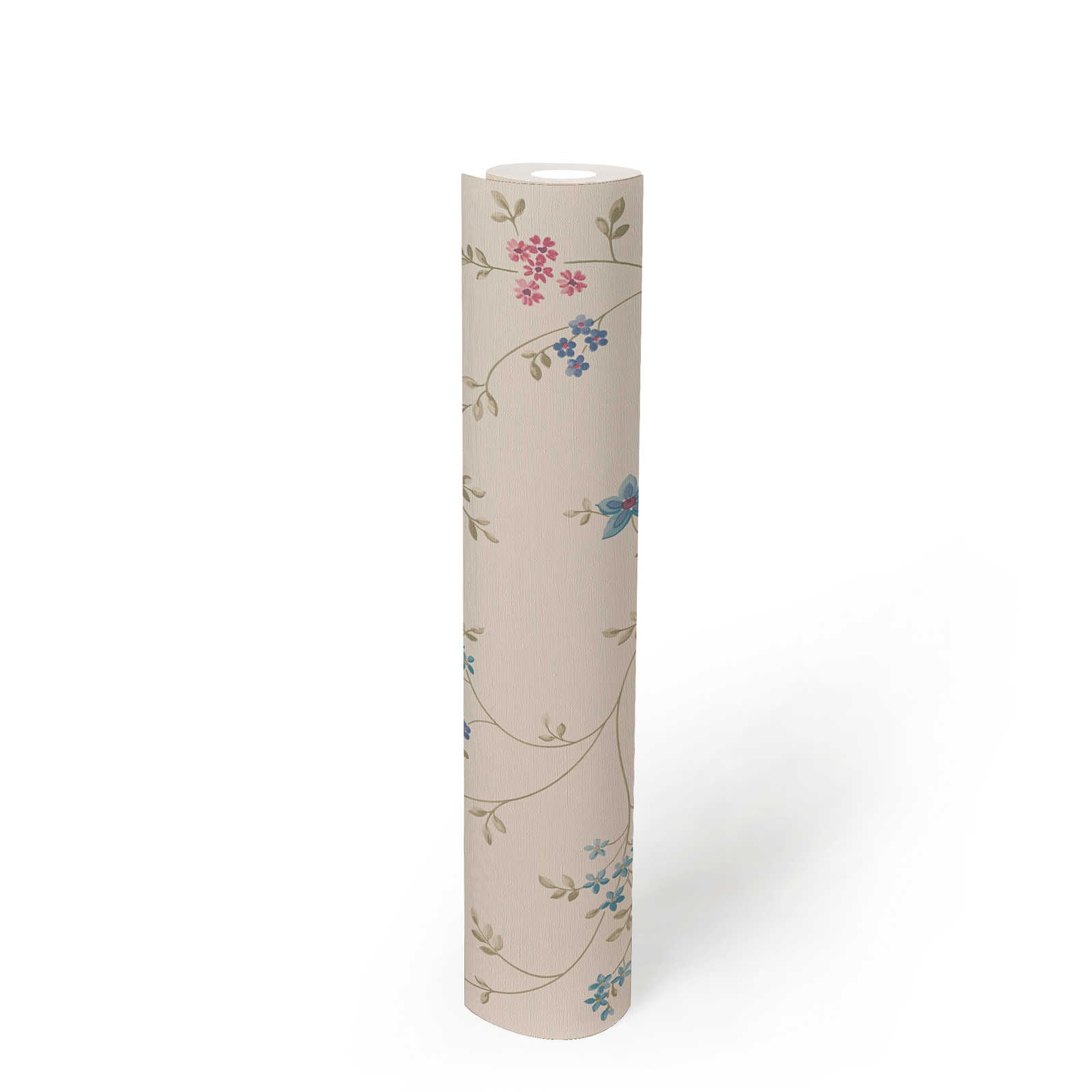             Vliestapete mit floralen Blumenranken – Creme, Grün, Rosa
        