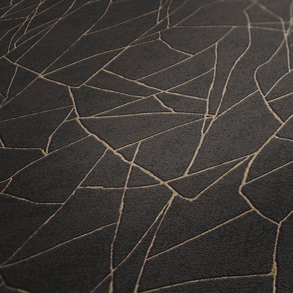             3D Vliestapete mit grafischem Naturmotiv und goldenen Akzenten – Schwarz, Metallic
        