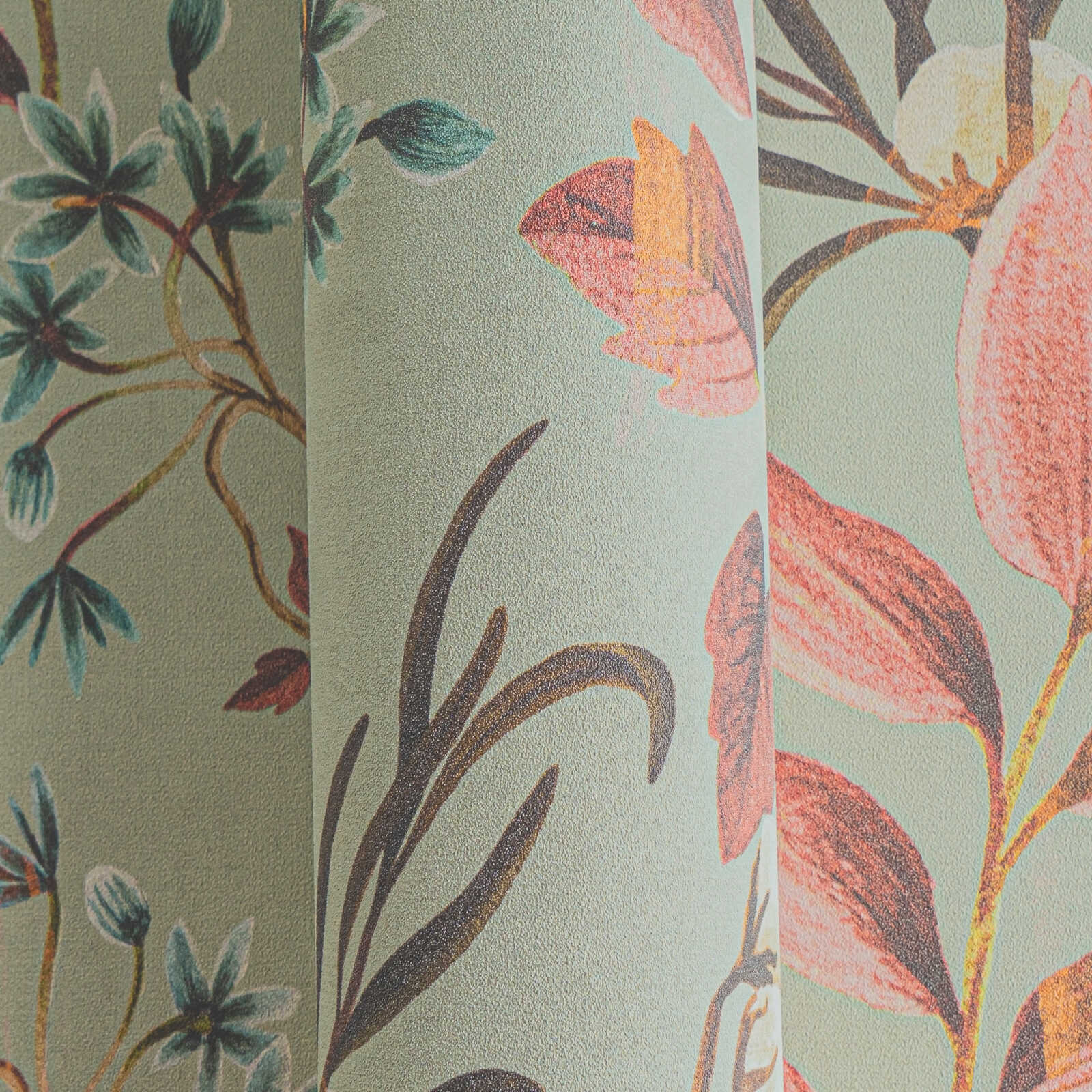             Romantic floral non-woven wallpaper with filigree leaf design, fine surface texture - grey, orange
        