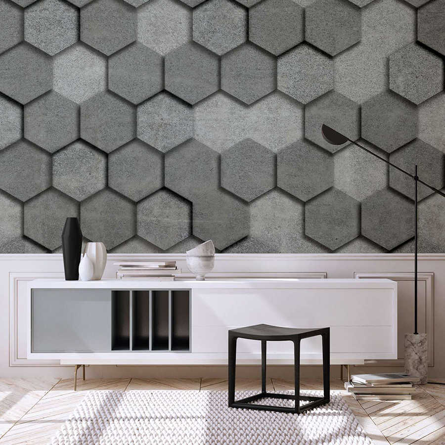 hexagon wand, betonstruktur, moderner sideboard, schwarzer hocker, deko vasen