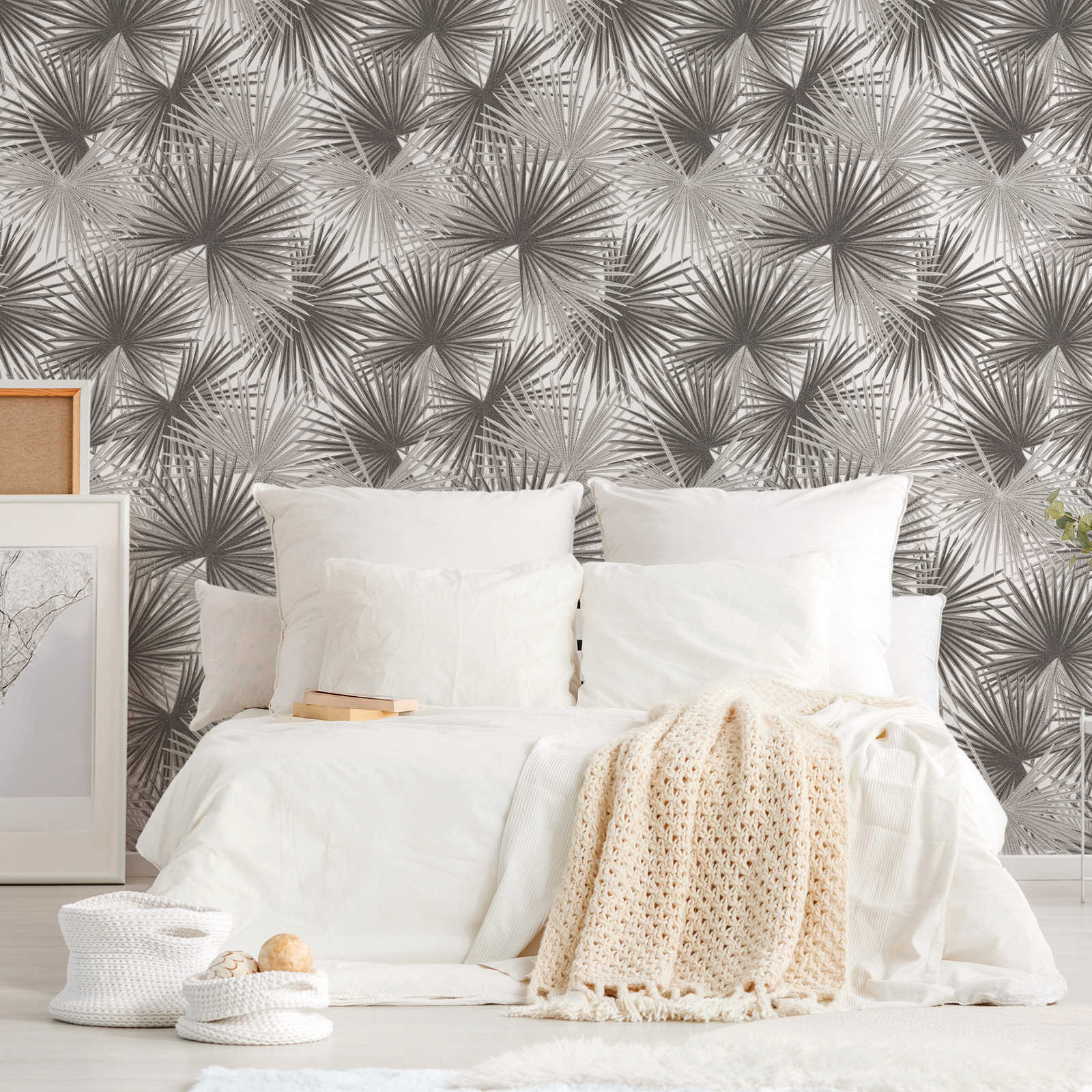         Papier peint intissé avec grand motif de feuilles - gris, beige, blanc
    