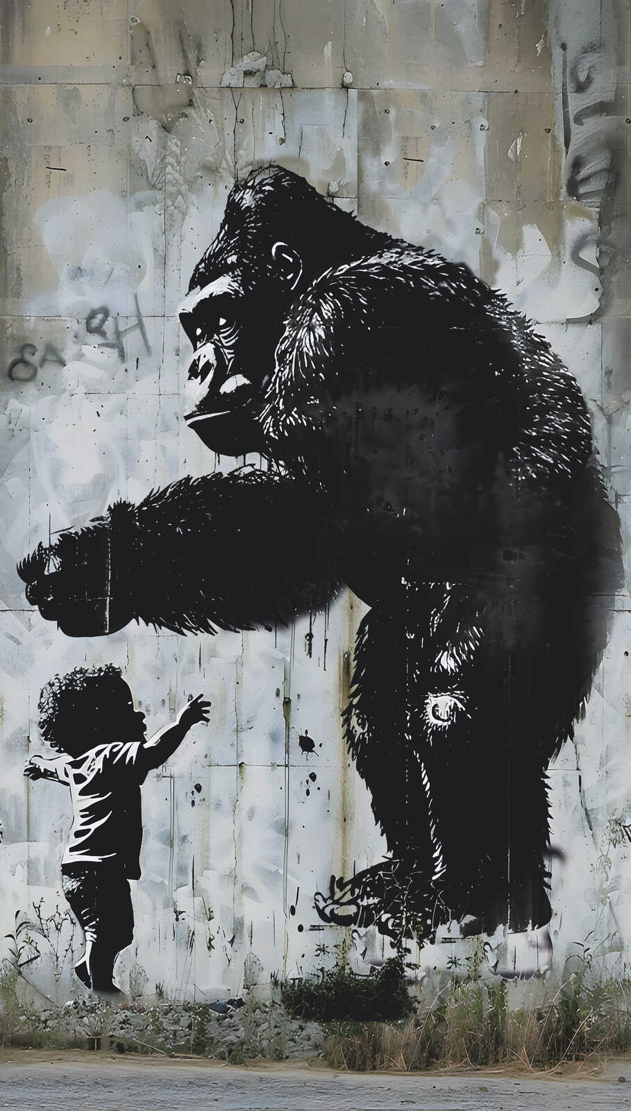             Vliestapeten Panel "Urban Encounter" 159cm Breite x 280cm Höhe - Gorilla-Kind-Motiv im Street-Art Stil, glatt – Grau, Schwarz
        